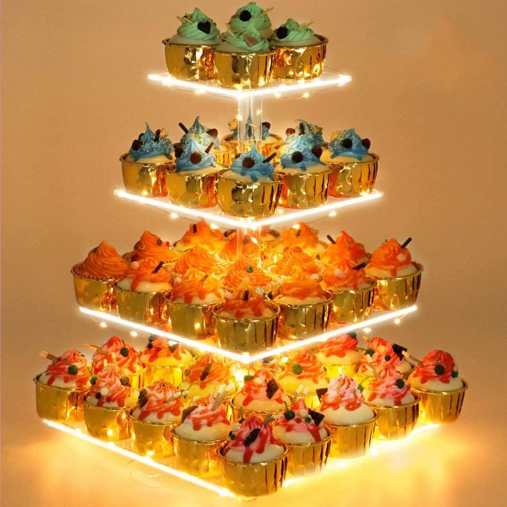 YestBuy Cupcake Stand with Yellow Led Lights, 4 Tier Cupcake Stand for 50 Cupcakes, Acrylic Cupcake Tower Stand, Clear Tiered Cupcake Holder for Birthday Cady Bar Dcor Weddings, Parties Events