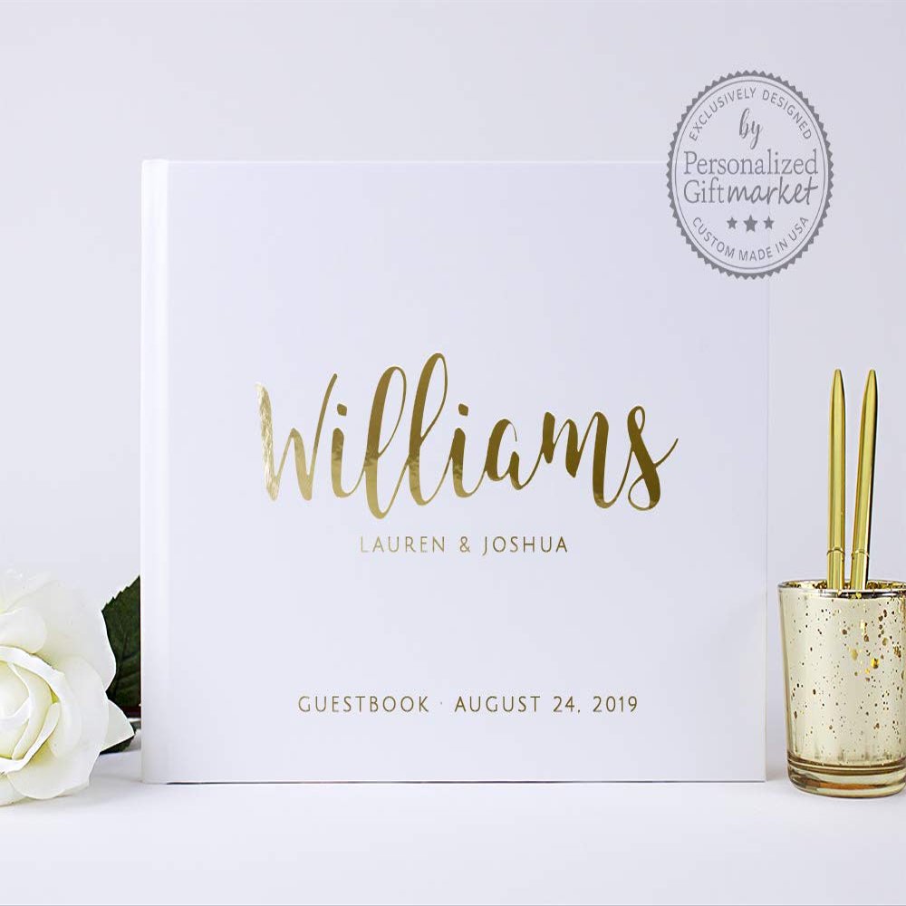 Personalized Wedding Guest Book for Wedding Couple, Alternative Custom Guest Book for Wedding, White Book with Gold Foil - Hardcover (12x12 inches)
