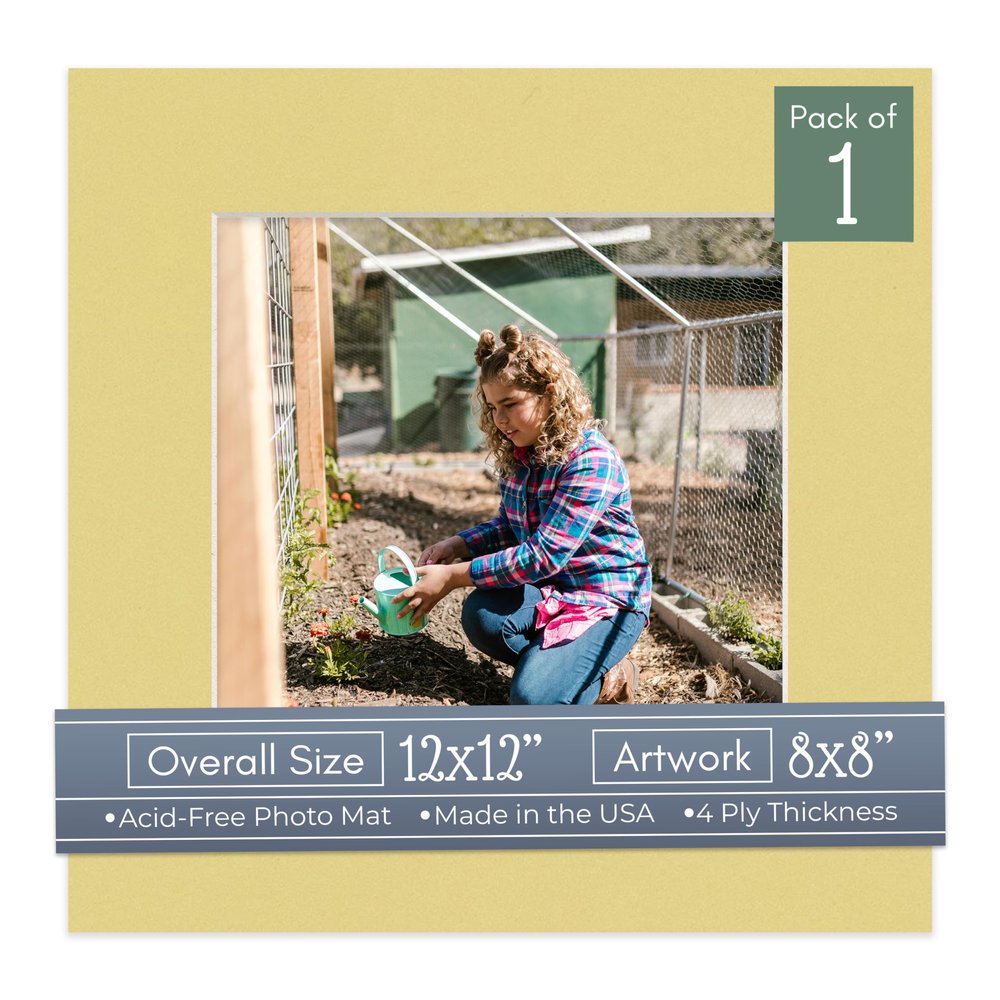 CountryArtHouse Soft Yellow Acid Free 12x12 Picture Frame Mats with White Core Bevel Cut for 8x8 Pictures - Fits 12x12 Frame - One Mat - With Bag & Backing