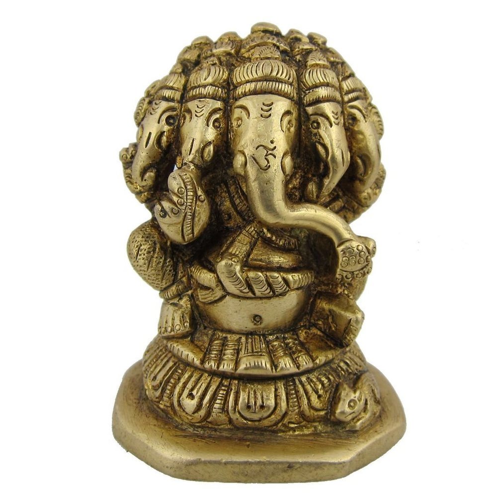 5 Face Brass Lord Ganesha Statue (7 X 5 X 4.2 cm, Golden)