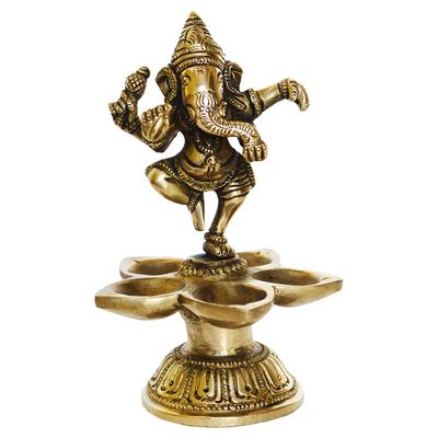 GLOOKS Brass Dancing Ganesha Panch Diya Idol (9.5x9.5x13cm, 610g, Multicolour)