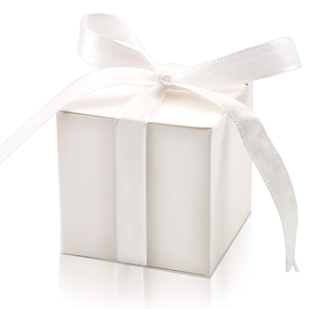 KPOSIYA 100 Pack Favor Boxes 2x2x2 inch Candy Boxes White Gift Boxes with Ribbons for Wedding Baby Shower Decorations Birthday Party Supplies