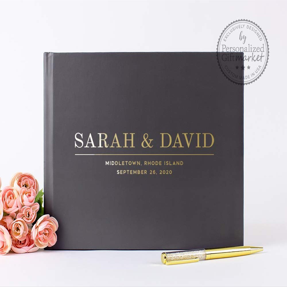 Personalized Wedding Guest Book Charcoal Black and Gold Foil, Photo Album or Signature Sign-In Book - Hardcover (12x12 inches)