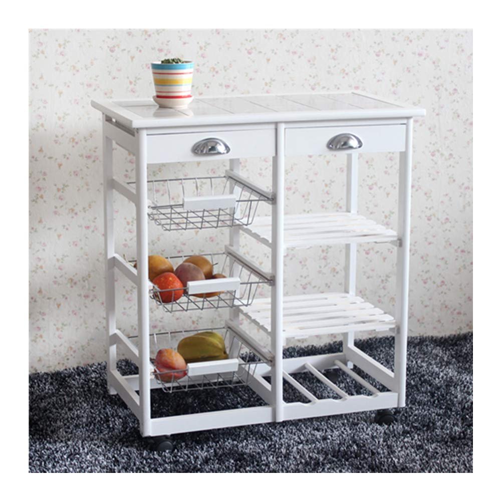 Kepooman Kitchen Dining Cart Wood Portable Rolling Drop Leaf Kitchen Island Storage Trolley Cart Shelves w/Drawers,Wine Rack,Fruit Baskets,White