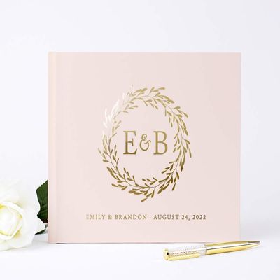 Blush Pink Wedding Guest Book Personalized Monogram Guestbook, Wedding Sign-In Registry Book for Signatures and Wishes - Hardcover (10x8 inches)