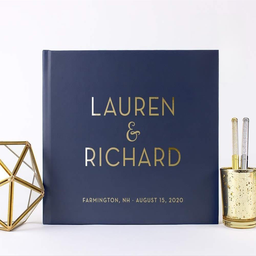Customized Navy Wedding Guest Book with Gold Foil, Personalized Polaroid Photo Album or Sign in Book - Hardcover (10x8 inches)
