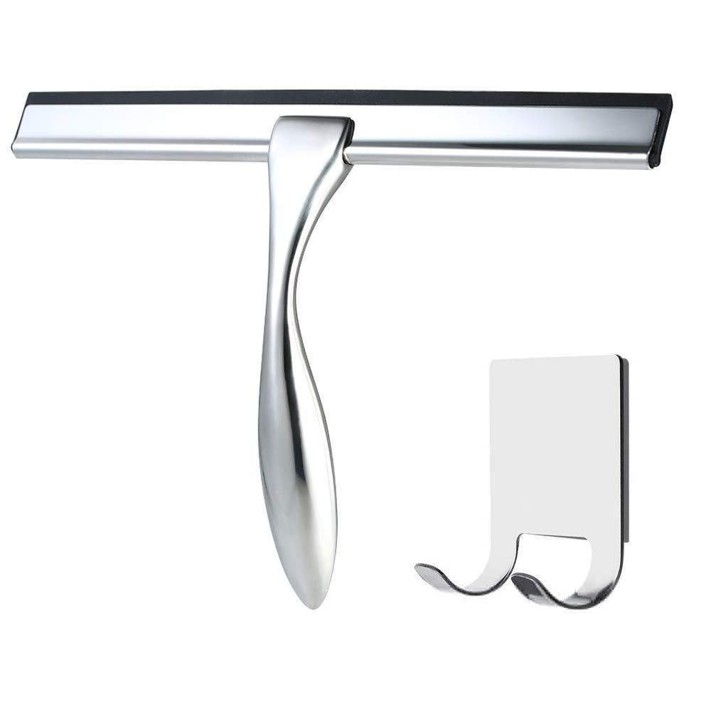 Tiktalk All-Purpose Shower Squeegee for Shower Doors,Bathroom,Car Glass,Window and Mirror,with Adhesive Hook Holder,Stainless Steel,9.8 Inches