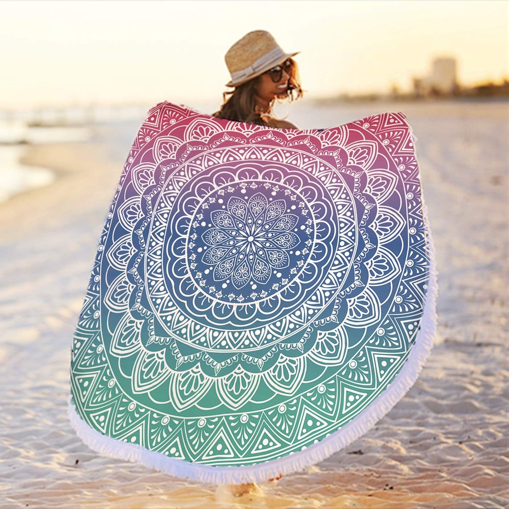 Oversize Round Mandala Beach Towel Blanket, Circle Microfiber Bohemian Boho Quick Dry Super Water Absorbent Towel, Hippy Gypsy Yoga Mat Picnic Table Mediation Throw Tapestry with Tassel Ultra ,59