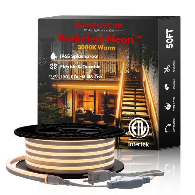 Shine Decor LED Neon Rope Lights AC 120V, ETL-Listed Flexible 120LEDs/M Dotless Strip Lighting, Custom Cuttable & IP65 Waterproof for Indoor Outdoor, 7x14.5mm, 3000K Warm White, 50FT