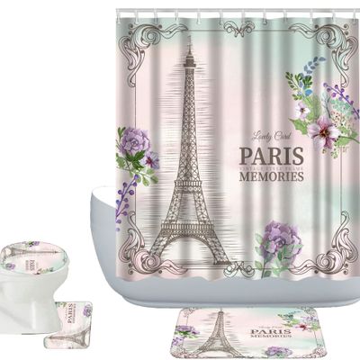 Amagical 4PCS Paris Memories Eiffel Tower Shower Curtain Set with Bathroom Mat Set, Flower Floral Bath Mat Contour Mat Toilet Cover Fabric Shower Curtain