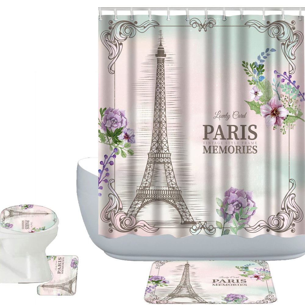 Amagical 4PCS Paris Memories Eiffel Tower Shower Curtain Set with Bathroom Mat Set, Flower Floral Bath Mat Contour Mat Toilet Cover Fabric Shower Curtain