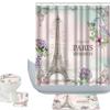 Amagical 4PCS Paris Memories Eiffel Tower Shower Curtain Set with Bathroom Mat Set, Flower Floral Bath Mat Contour Mat Toilet Cover Fabric Shower Curtain view 1