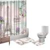 Amagical 4PCS Paris Memories Eiffel Tower Shower Curtain Set with Bathroom Mat Set, Flower Floral Bath Mat Contour Mat Toilet Cover Fabric Shower Curtain view 2