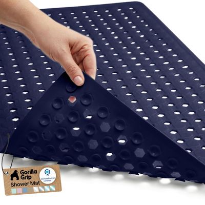 GORILLA GRIP Patented Bath Tub Shower Mat, Machine Washable Bathtub Floor Liner Mats, Suction Cups and Drain Holes to Keep Tubs Clean, Soft on Feet, Bathroom Essentials, 35x16 Inch, Navy Opaque