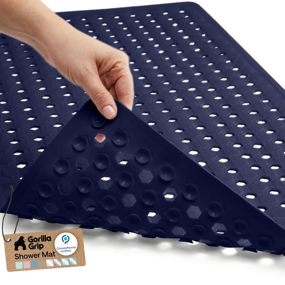 GORILLA GRIP Patented Bath Tub Shower Mat, Machine Washable Bathtub Floor Liner Mats, Suction Cups and Drain Holes to Keep Tubs Clean, Soft on Feet, Bathroom Essentials, 35x16 Inch, Navy Opaque