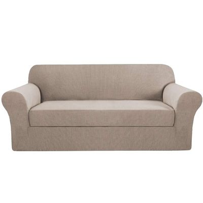 2 Piece Stretch Sofa Covers Couch Covers for Living Room Furniture Slipcovers (Base Cover Plus Seat Cushion Cover) Feature Upgraded Thicker Jacquard Fabric Removable Washable (Sofa, Sand)
