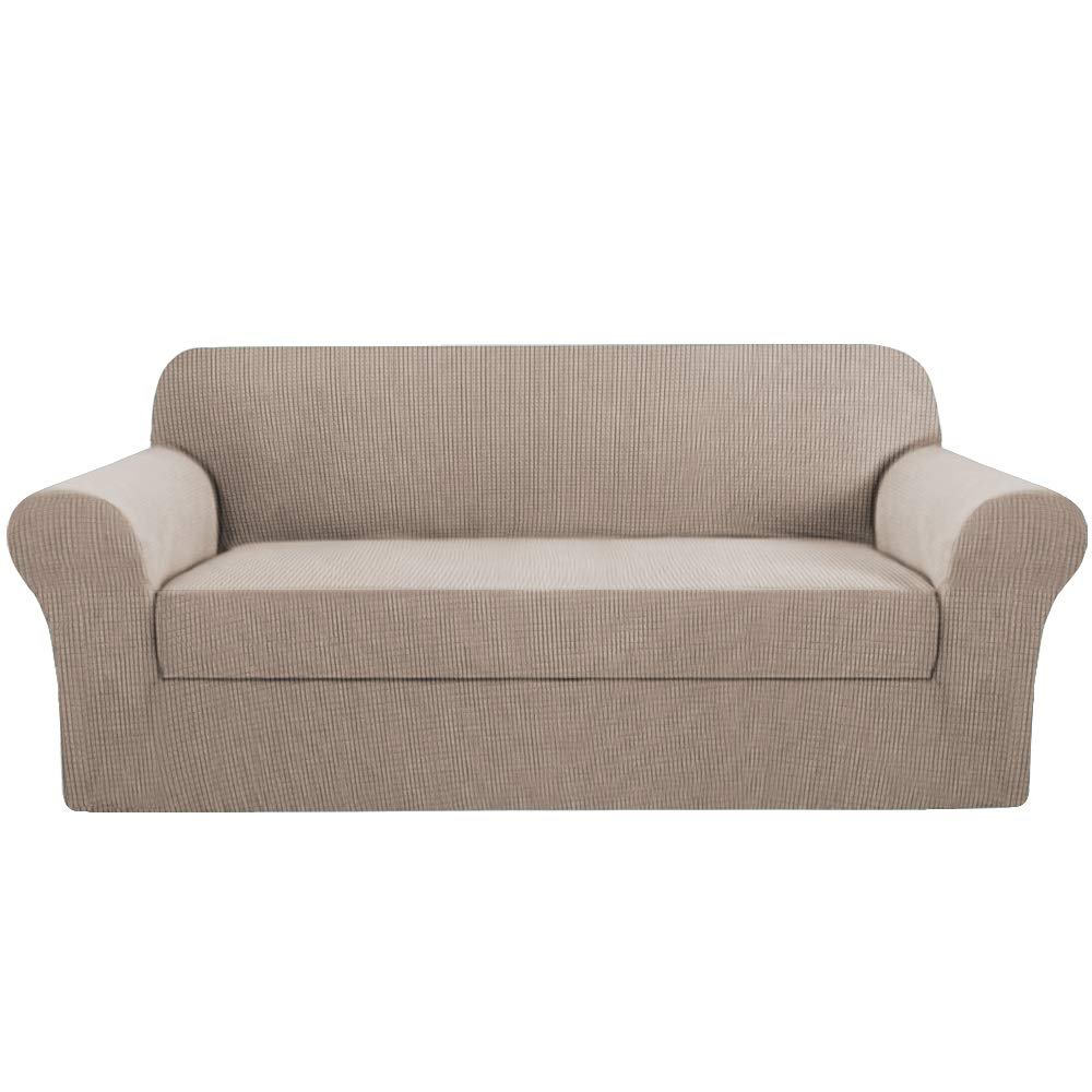 2 Piece Stretch Sofa Covers Couch Covers for Living Room Furniture Slipcovers (Base Cover Plus Seat Cushion Cover) Feature Upgraded Thicker Jacquard Fabric Removable Washable (Sofa, Sand)