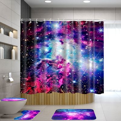 Amagical Thickened 4PCS Galaxy Space Colorful Nebulae Purple Star Sky Shower Curtain Set with Bathroom Mat Set, Bath Mat Contour Mat Toilet Cover Fabric Shower Curtain with 12 Hooks(1.5cm Thick)