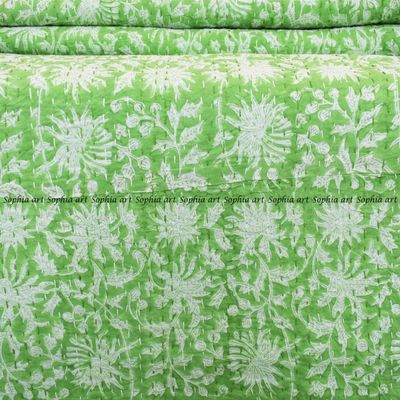 Sophia-Art Indian King/Twin Handmade Bohemian Hand Block Print Pure Cotton Bedspread Kantha Stitch Hippie Kantha Bed Spread Reversible Bedcover Throw Quilt (Green Floral Web, 90" x 108")