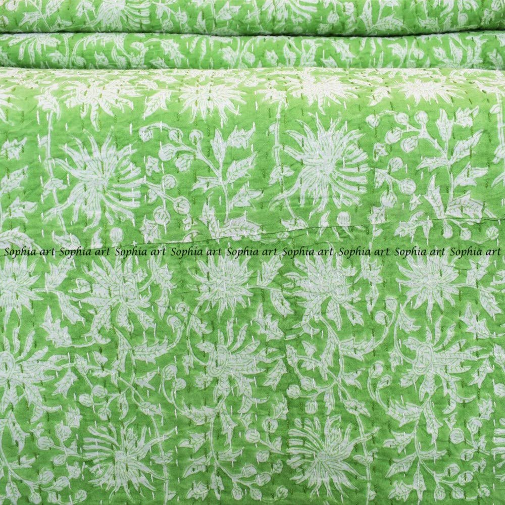 Sophia-Art Indian King/Twin Handmade Bohemian Hand Block Print Pure Cotton Bedspread Kantha Stitch Hippie Kantha Bed Spread Reversible Bedcover Throw Quilt (Green Floral Web, 90" x 108")