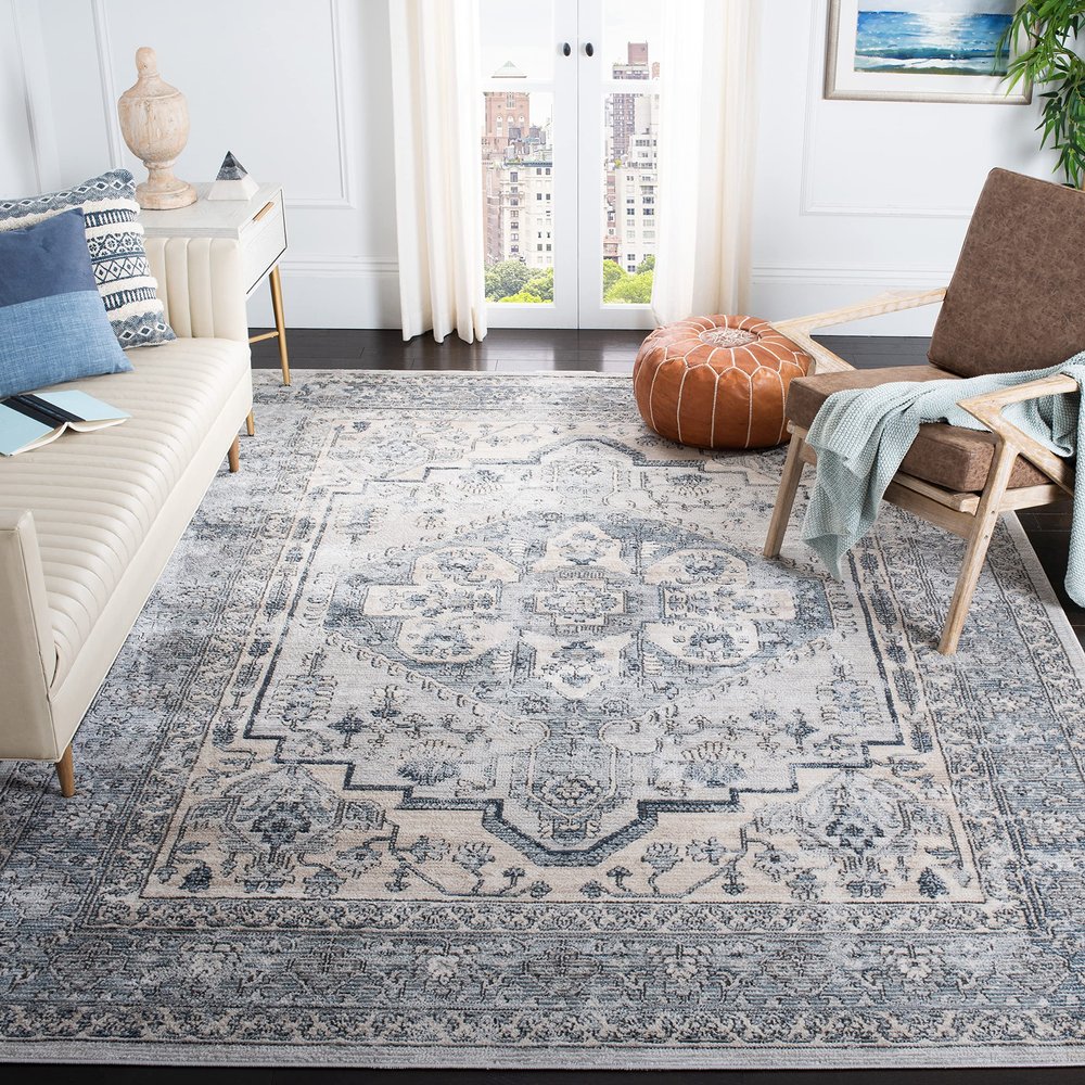 SAFAVIEH Area Rug 8x10 - Oregon Collection - Large - Light Blue & Ivory, Oriental Distressed Design, Non-Shedding & Easy Cleaning, Ideal for Living Room, Bedroom, Office, Dining Space (ORE877M)
