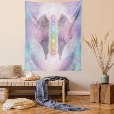 Ambesonne Angel Wings Tapestry Twin Size, Angelic Mandala Yoga Ethereal Pastel Psychedelic Theme Illustration, Wall Hanging Bedspread Bed Cover Wall Decor, 68" X 88", Lilac Blue