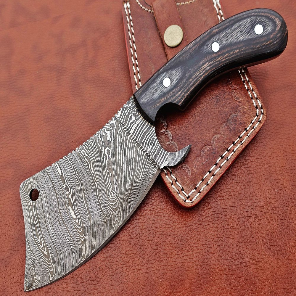 9" long hand forged Twist Pattern Damascus steel Butcher Meat cleaver, Natural walnut wood scale, Cow hide Leather sheath included (Black)