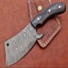 9" long hand forged Twist Pattern Damascus steel Butcher Meat cleaver, Natural walnut wood scale, Cow hide Leather sheath included (Black) view 1