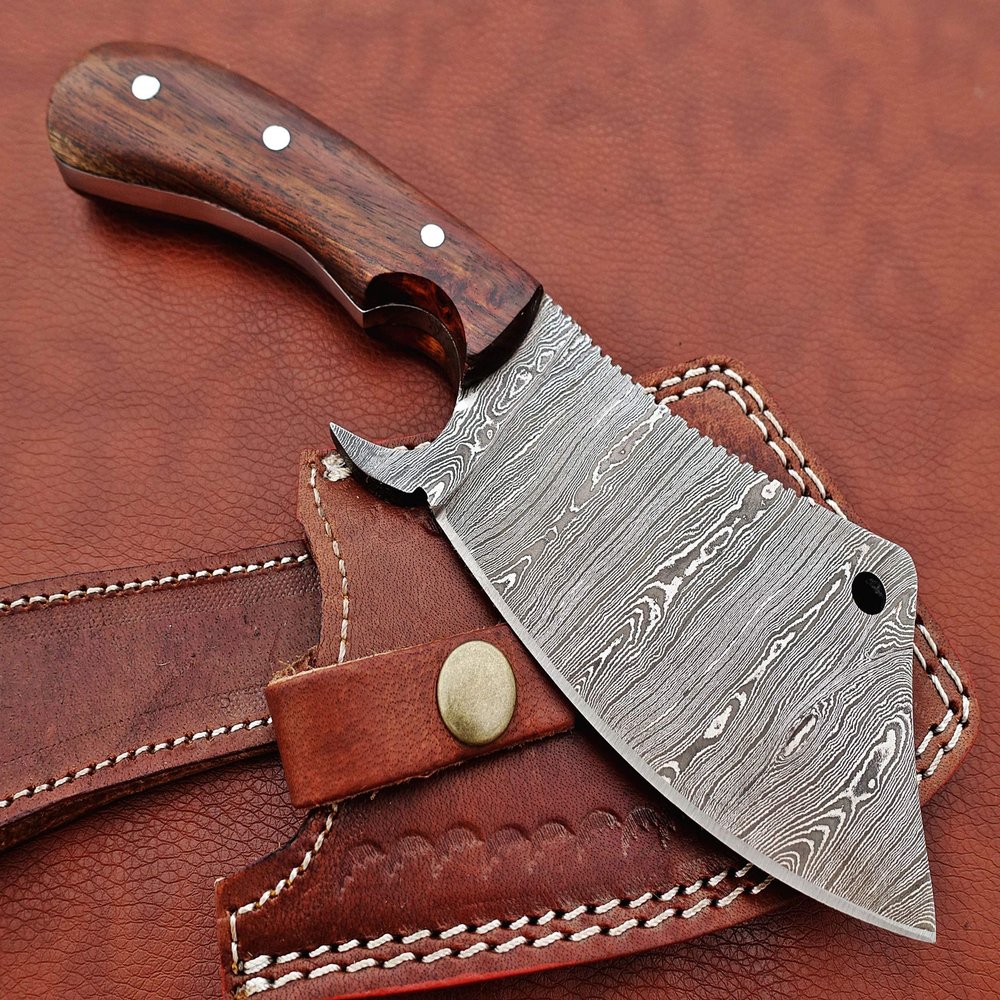 9" long hand forged Twist Pattern Damascus steel Butcher Meat cleaver, Natural walnut wood scale, Cow hide Leather sheath included (Brown)