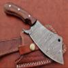9" long hand forged Twist Pattern Damascus steel Butcher Meat cleaver, Natural walnut wood scale, Cow hide Leather sheath included (Brown) view 1