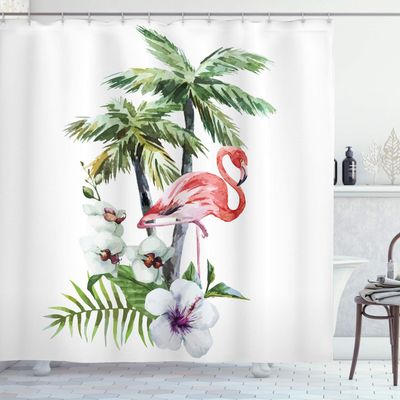 Ambesonne Flamingo Shower Curtain, Watercolor Island Composition Exotic Forest Leaves and Hibiscus Spring in Hawaii, Cloth Fabric Bathroom Decor Set with Hooks, 69" W x 75" L, Coral Green