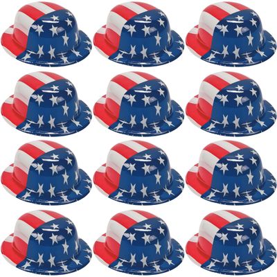 Fun Express - American Flag Plastic Derby Hat for Fourth of July - Apparel Accessories - Hats - Party Hats - Fourth of July - 12 Pieces