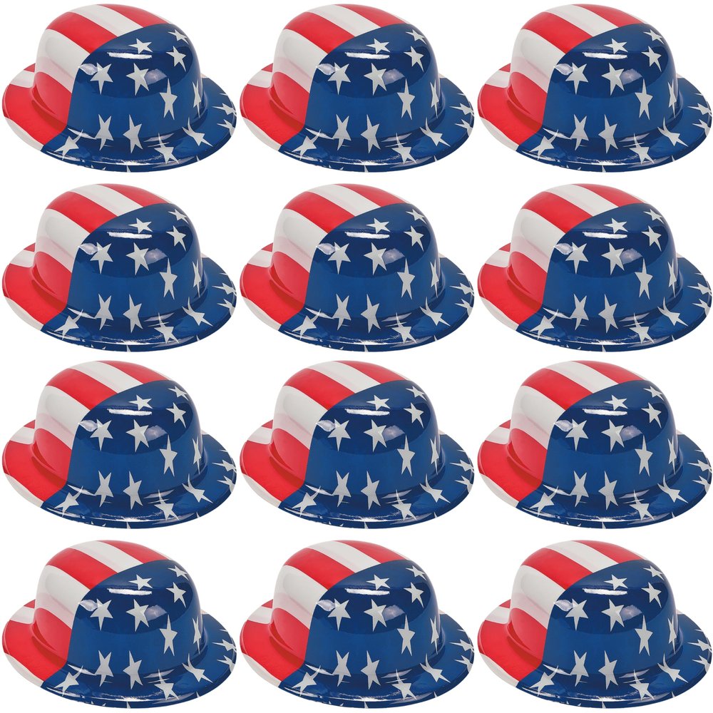 Fun Express - American Flag Plastic Derby Hat for Fourth of July - Apparel Accessories - Hats - Party Hats - Fourth of July - 12 Pieces