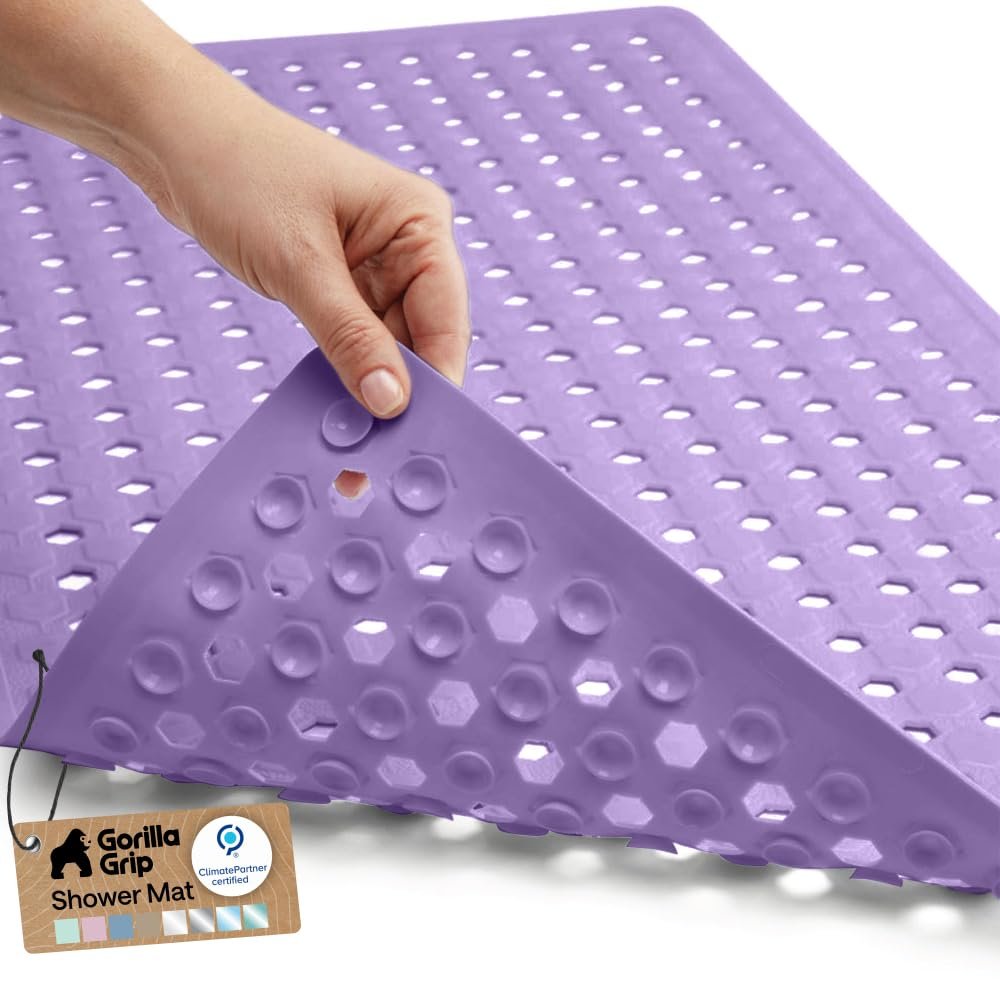 GORILLA GRIP Patented Bath Tub Shower Mat, Machine Washable Bathtub Floor Liner Mats, Suction Cups and Drain Holes to Keep Tubs Clean, Soft on Feet, Bathroom Essentials, 35x16 Inch, Purple Opaque