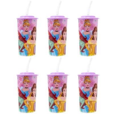 6-Pack Disney Princess 16oz Reusable Sports Tumbler Drink Cups with Lids & Straws, Pink