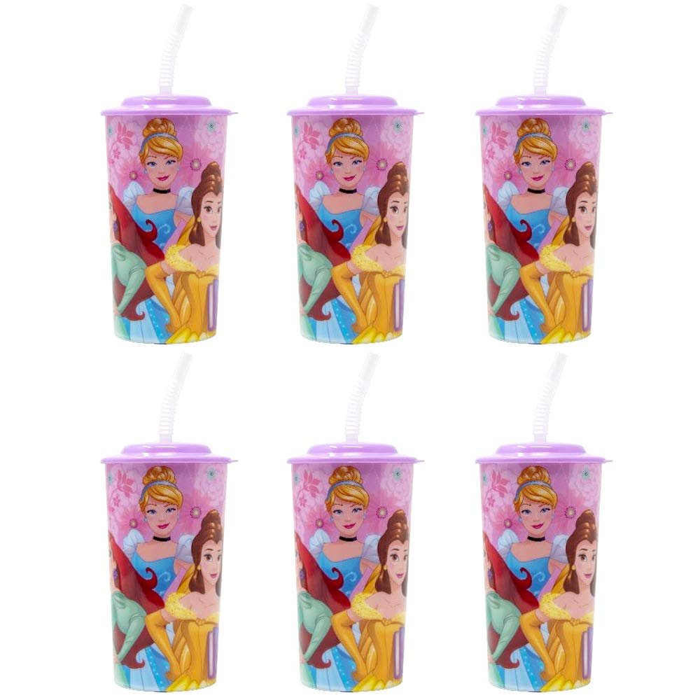 6-Pack Disney Princess 16oz Reusable Sports Tumbler Drink Cups with Lids & Straws, Pink