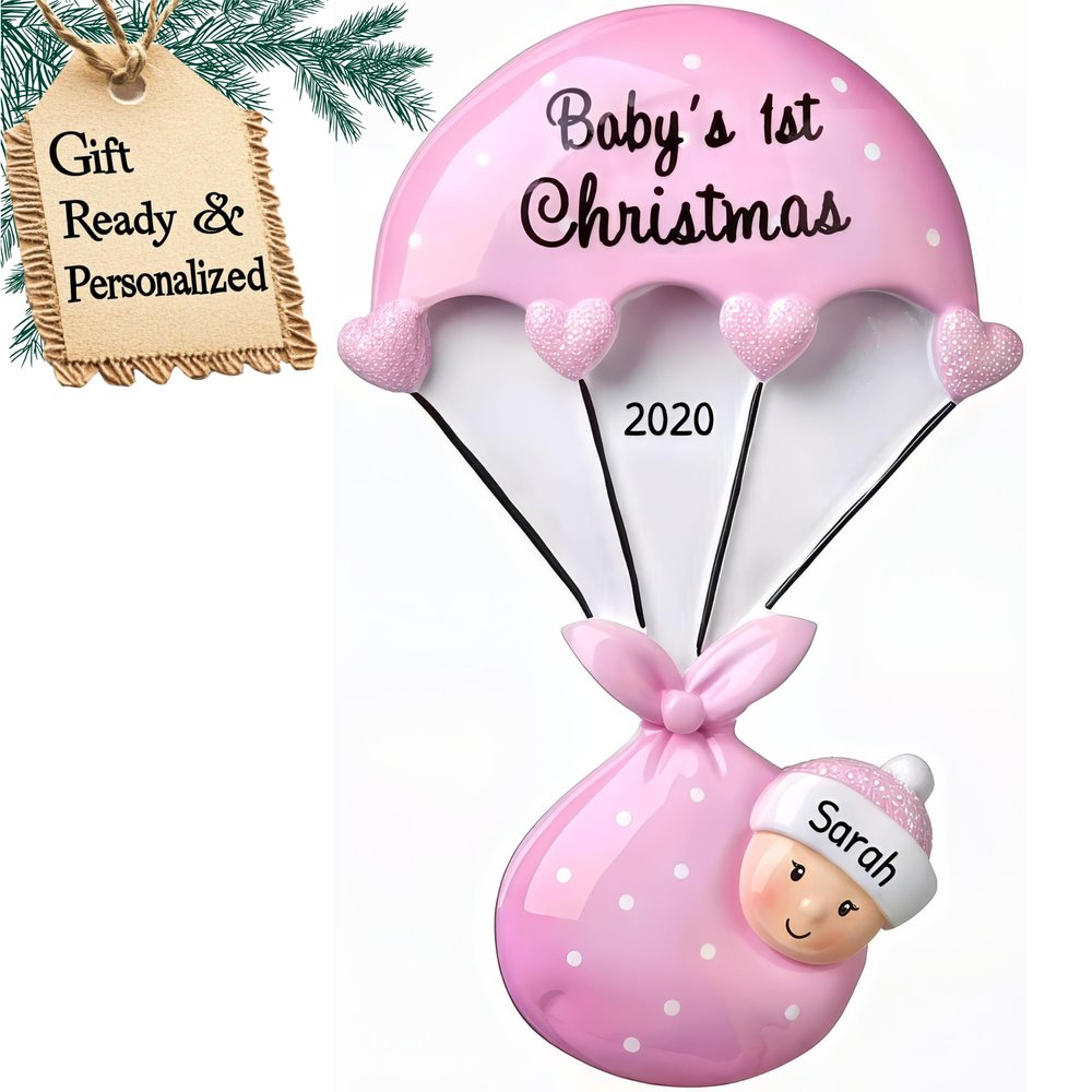 3D Personalized Babys First Christmas Ornament 2025 Girl | Baby's First Christmas Ornament 2025 Baby Ornaments for Xmas Tree My 1st Xmas Girl Ornaments for New Parents Couples - Baby in Pink Parachute