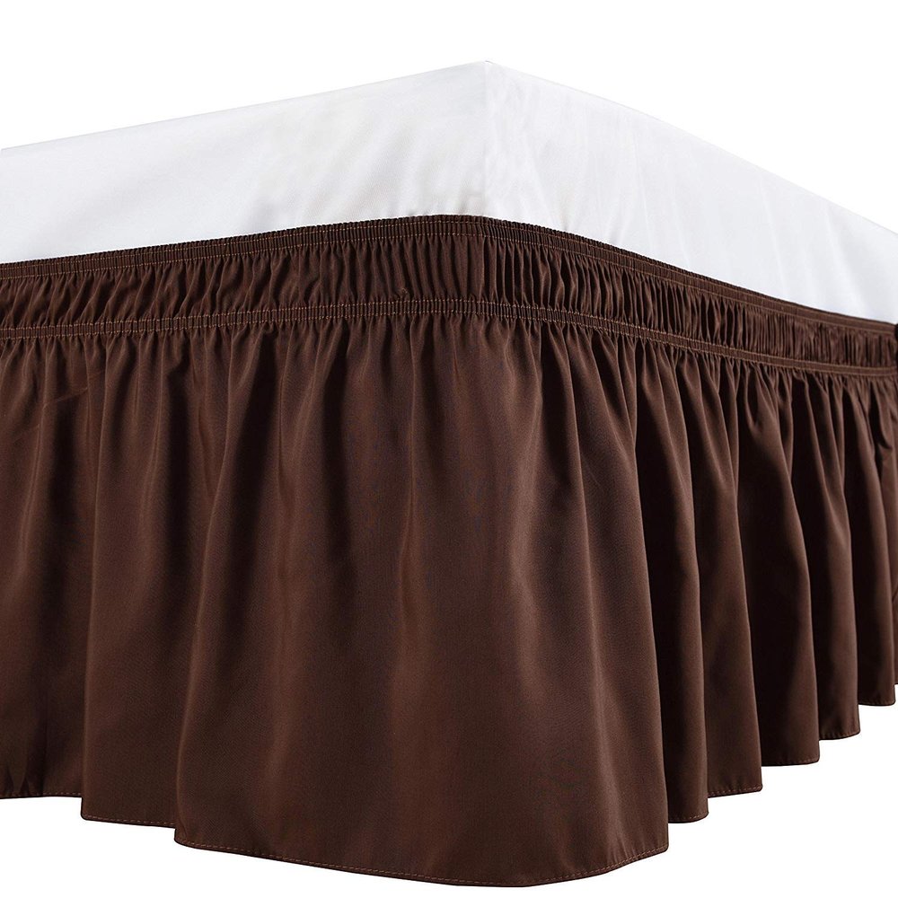 Amuze Bedding Wrap Around Bed Skirts, Easy On/Easy Off 120% Cotton Elastic,300 Thread Count,Solid Ruffled Bed Skirt- Bed Wrap with 12 Inch Tailored Drop,(Queen,Chocolate)