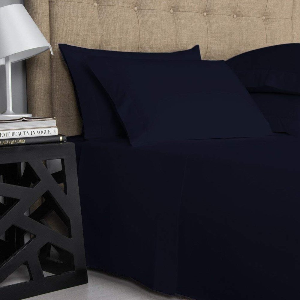 Superior World Mart- 600 Thread Count - 100% Egyptian Cotton -4 Piece Bed Sheet Set, Solid Fits 16" Deep Pocket Mattress Bed Sheet Set (Queen, Navy Blue)