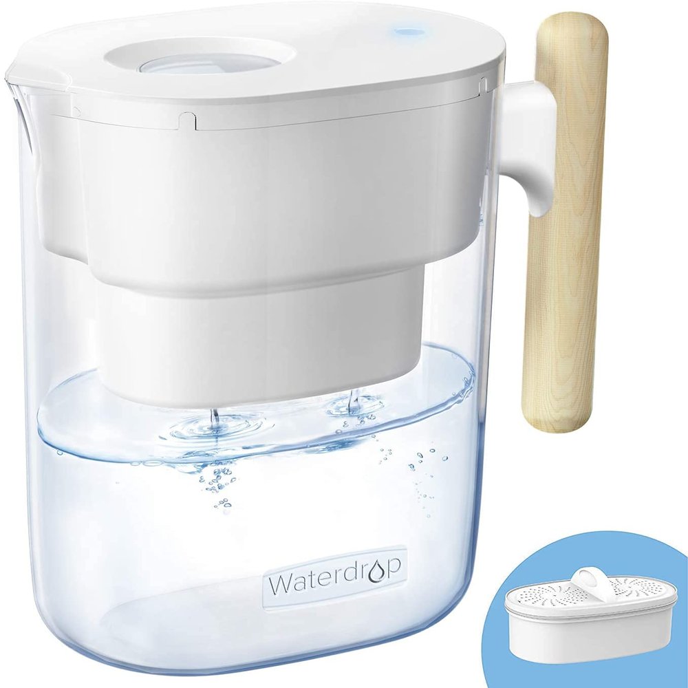 Waterdrop PT-04W Water Filter Pitcher, 10-Cup Capacity, NSF Certified, 200-Gallon Long-Life Filter, 5X Longer Filter Life, Reduces PFOA/PFOS and Chlorine, BPA-Free, Sturdy Wooden Handle, White