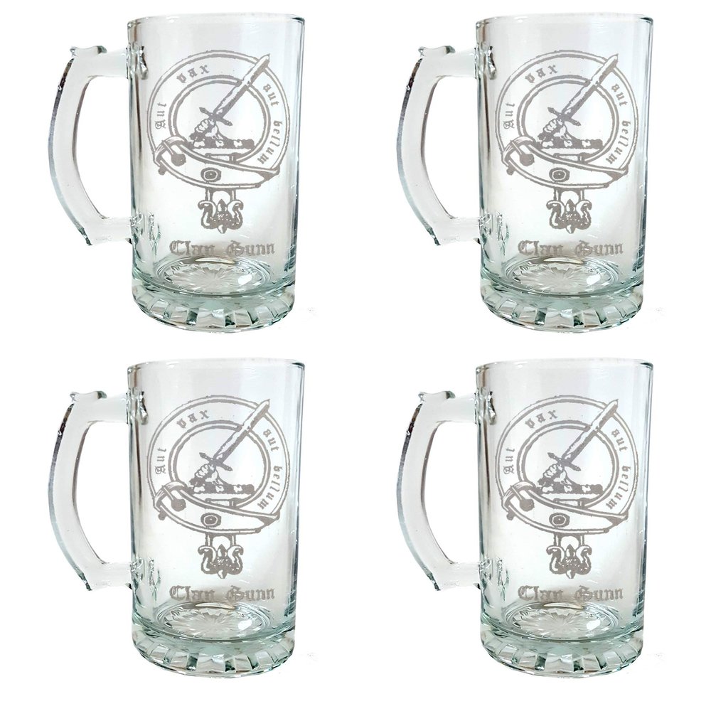 Gunn Scottish Clan Crest Beer Stein Set of 4  16oz Personalized Heraldic Engraving