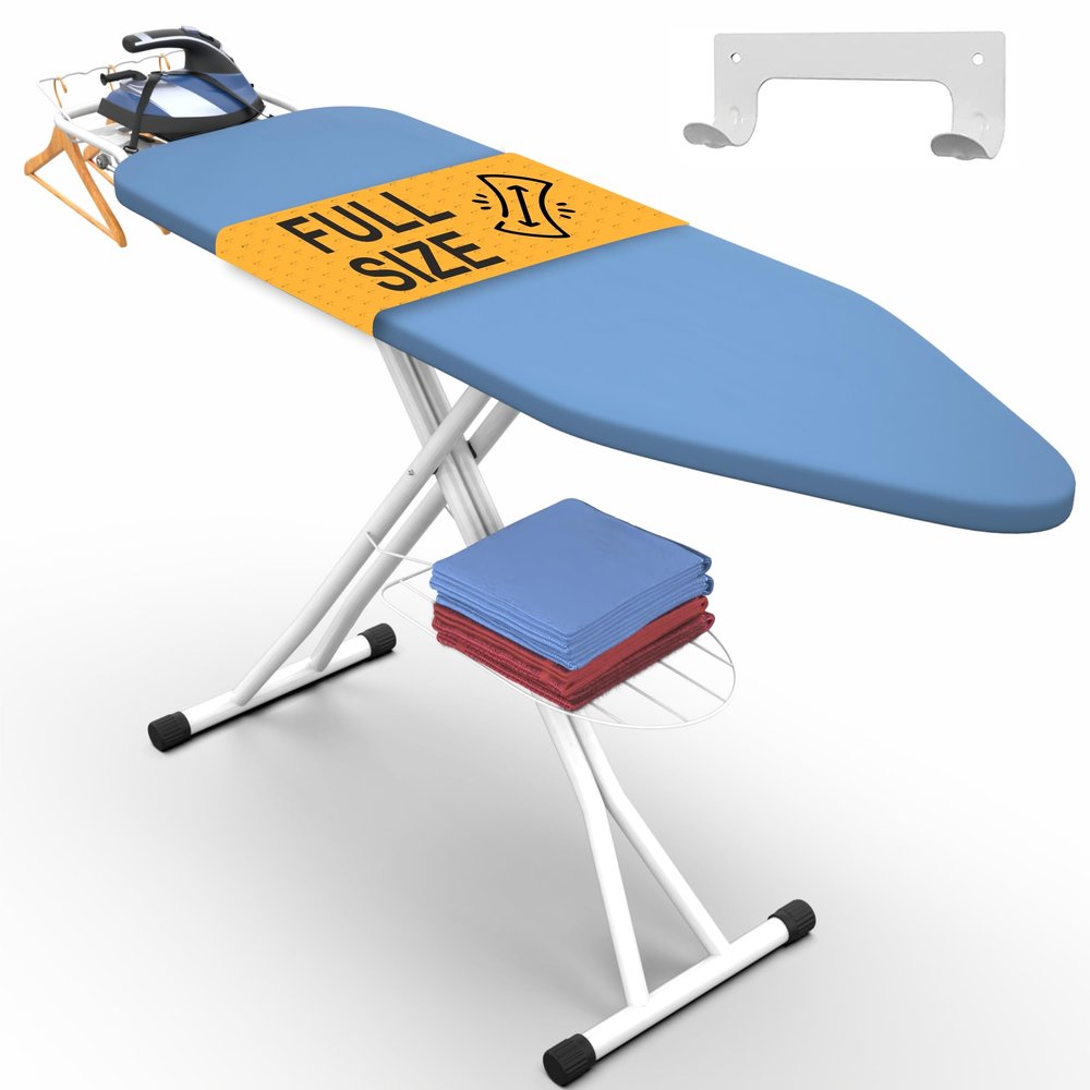 Xabitat Full Size Ironing Board 57" X 15" with Wall Mount Hanger, Full Metal Construction Iron Board, Built in Iron Caddy, Heat & Scorch Resistant Fabric, Cord Holder (Blue, 15 x 57 Inches)