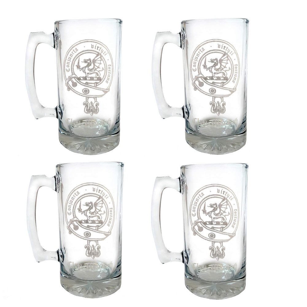 Clan MacBeth Scottish Crest Beer Stein Set  27oz  Set of 4  Personalized Engraved Glassware