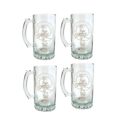 Clan MacDonald Scottish Crest 26oz Glass Stein Set of 4  Personalized Heraldic Engraving
