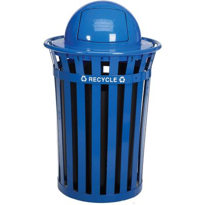 Global Industrial 36 Gallon Outdoor Steel Recycling Receptacle with Dome Lid, Plastic Liner and Anchor Kit Included, 28" Dia. X 42" H, Blue Powder Coat Finish