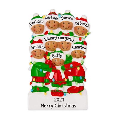 3D African American Tangled Lights Family of 9 Ornament 2025 Personalized Family Christmas Ornaments 2025 Black String Personalized Tree Ornaments for Grandchildren Siblings Grandkids of Nine Ornament
