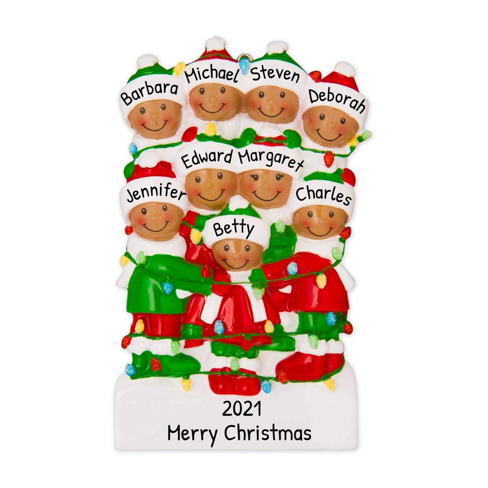 3D African American Tangled Lights Family of 9 Ornament 2025 Personalized Family Christmas Ornaments 2025 Black String Personalized Tree Ornaments for Grandchildren Siblings Grandkids of Nine Ornament