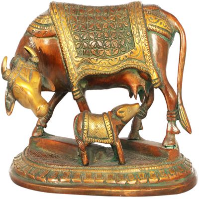Cow and Calf - Most Sacred Animal of India - Brass - Color Amazing Double Chola Color