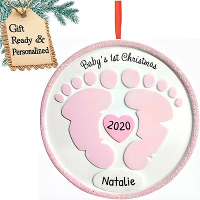 3D Personalized Babys First Christmas Ornament 2025 Girl | Pink Baby Footprints | Baby's First Christmas Ornament 2025 Baby Ornaments for Xmas Tree My 1st Xmas Girl Ornaments for New Parents Couples