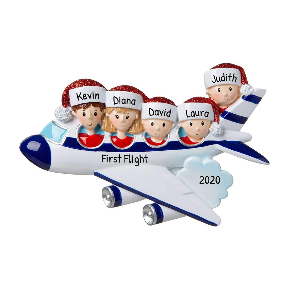Airplane Family of 5 Christmas Ornament 2025 Personalized Family Christmas Ornaments 2025 | Flying Home Vacation Personalized Tree Ornaments Customizable Gifts for Holiday Travelers of Five Ornament
